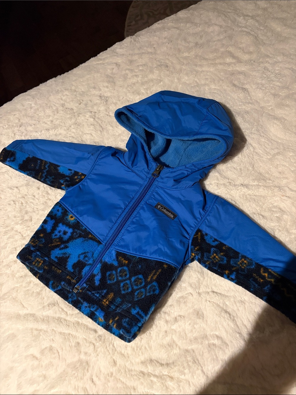 Columbia Bright Blue Hooded Fleece Jacket with Patterned Trim